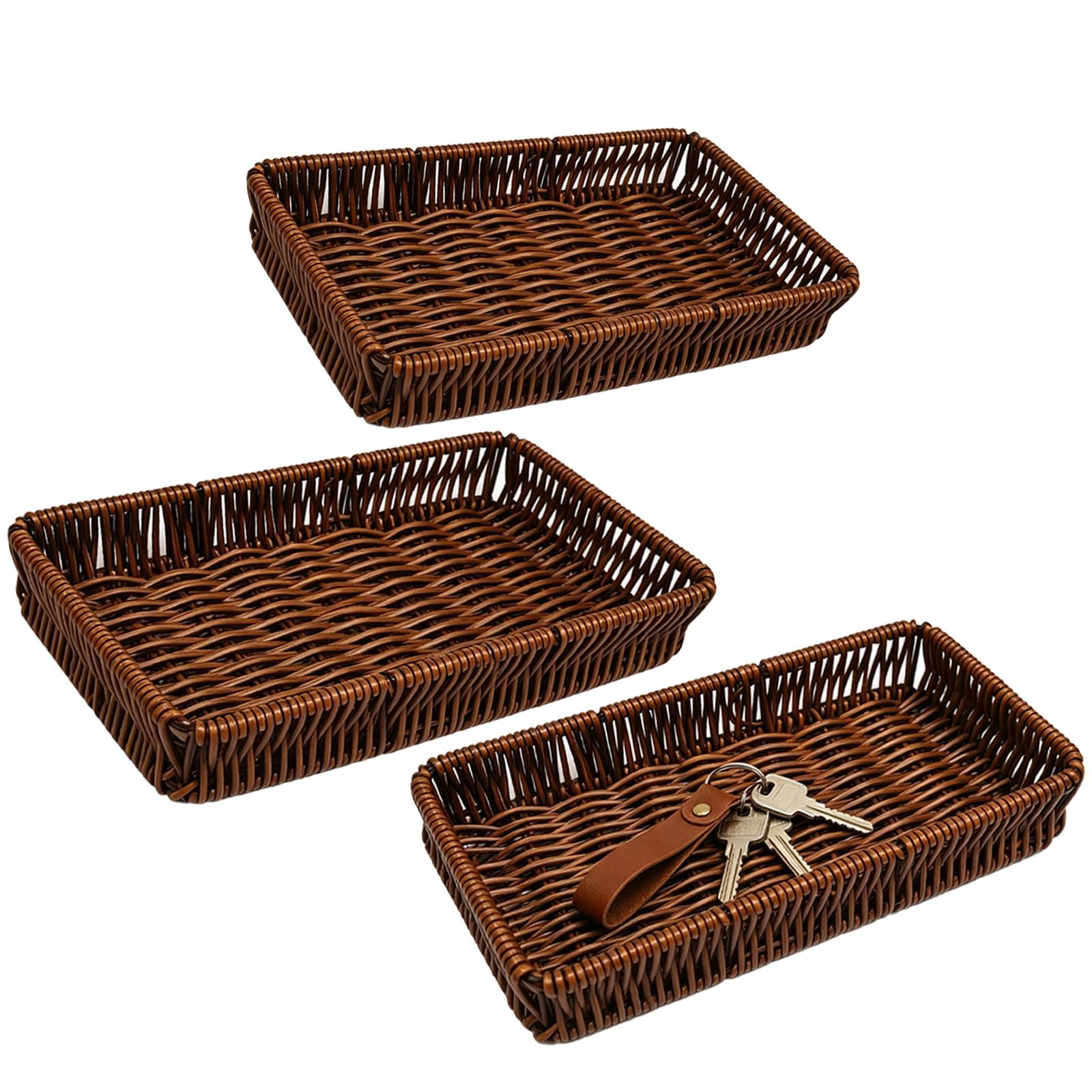 3 Pcs Key Bowl, Three Woven Trays for Hallways Organisation, Rattan Tray, Key Dish Holder with Dimensions 23.5 cm by 8.5 cm by 4 cm, Practical Key Tray for Daily Essentials Storage