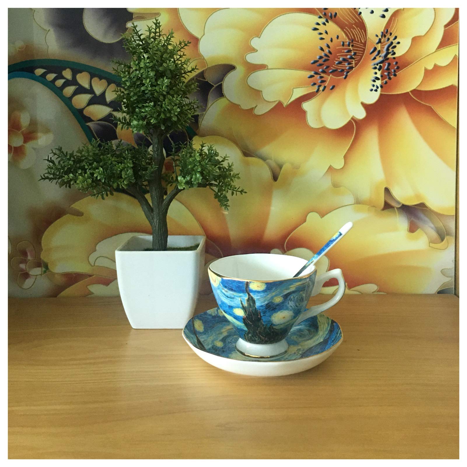 Juego de Tazas de Cafe,Taza de Té y Plato El Cielo Estrellado, café de la Noche, el sembrador, Girasoles, los Lirios, Tulipanes Que pintan Arte Albaricoque café Tazas de té(N 6 Set)