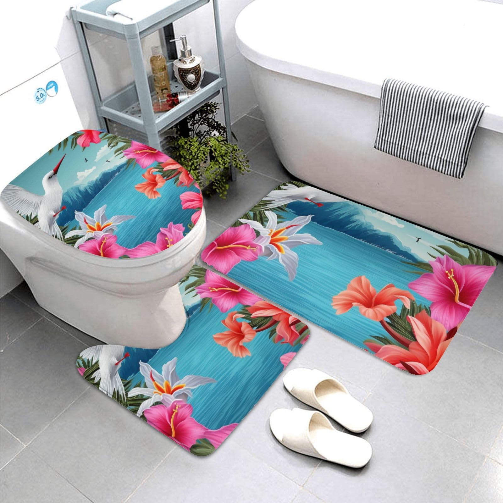 Lot de 3 tapis de bain en flanelle avec tapis de bain, tapis de contour et housse pour abattant WC, motif fleurs d'hibiscus, tapis de bain antidérapant et absorbant