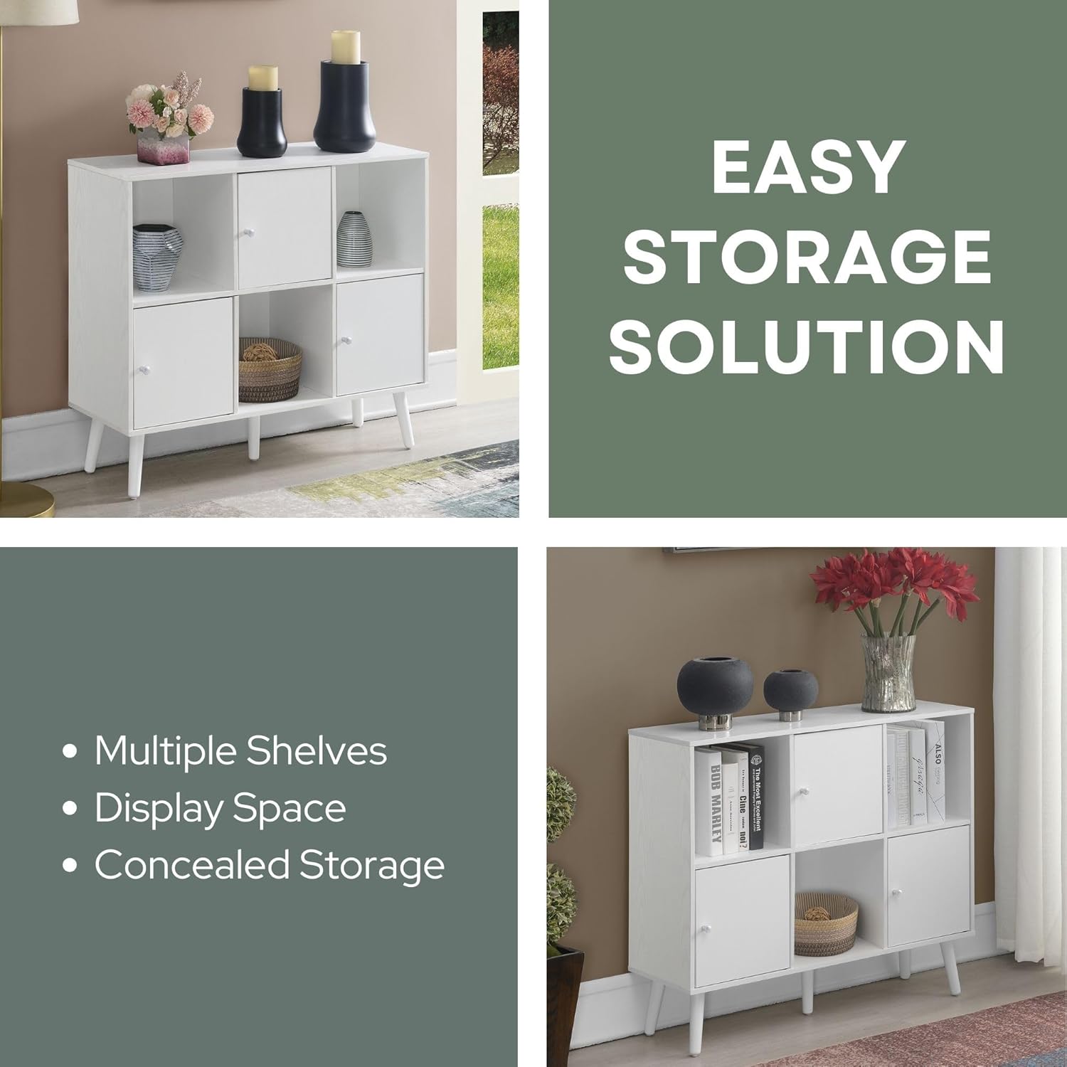 Convenience Concepts Xtra Storage Cube Organizer Sideboard Console Table with Shelves and Magnetic-Close Cabinets - for Living Room, Office, Closet, Kitchen, 35.25" (L) x 11.5" (W) x 29.75" (H), White