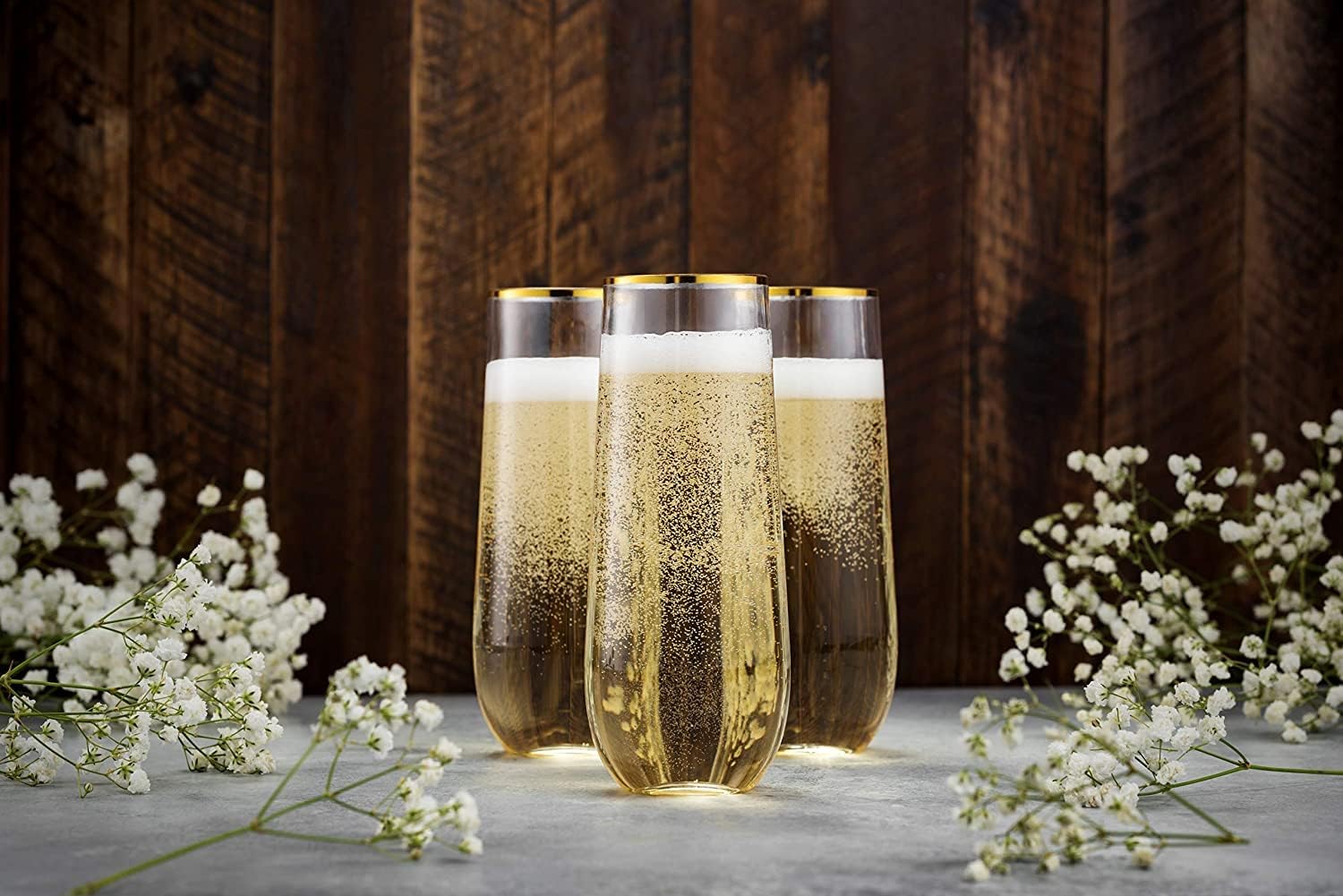 Munfix 12 Pack Stemless Plastic Champagne Flutes, Disposable 9 Oz Gold Rim Clear Plastic Toasting Glasses Shatterproof Recyclable and BPA-Free - Image 4