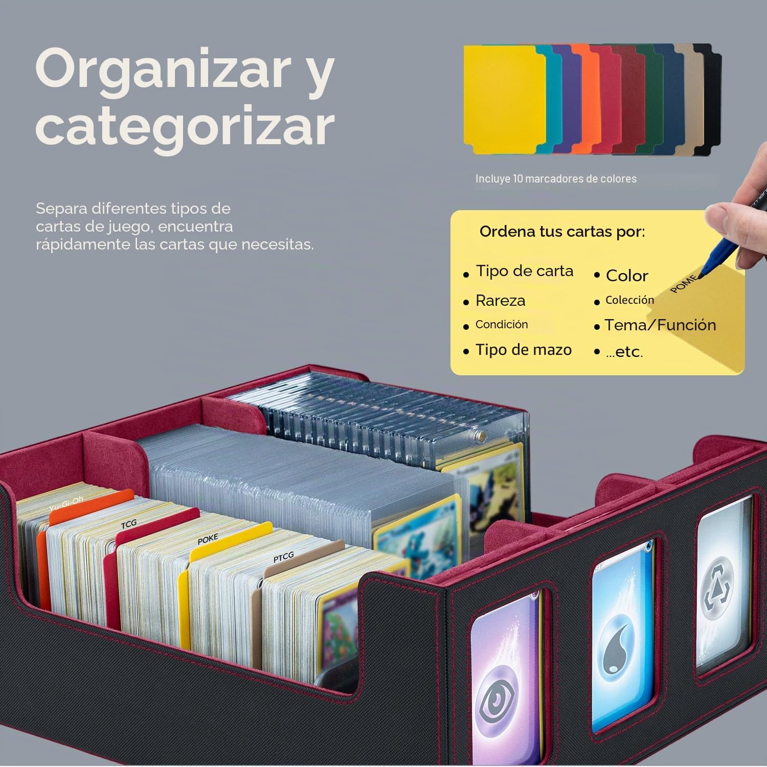 Caja Magnética Para Tarjetas 29x24.5x10.5 Cm – 3 Compartimentos, Capacidad Para 1800+ Cartas MTG, TCG, CCG – Exterior PU Y Forro Polar