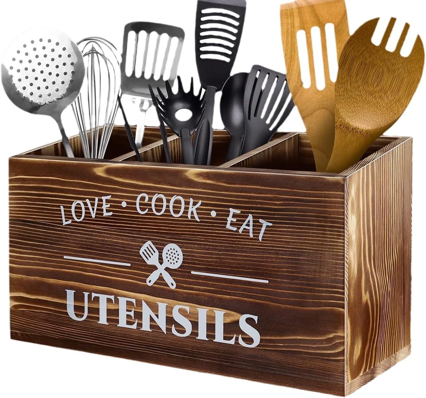 Kitchen Utensils Container Wooden Kitchen Utensils Storage with 3 Compartments Large Cooking Spoon Holder for Kitchen Counter Kitchen Utensils Storage Room Knife Fork and Spoon Storage Baskets Brown