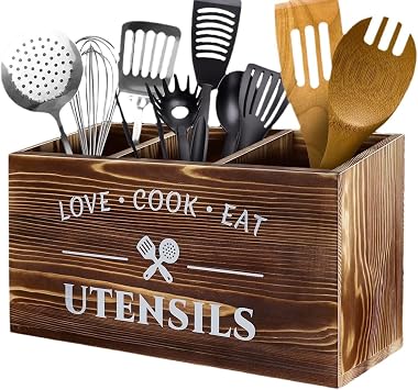 Kitchen Utensils Container Wooden Kitchen Utensils Storage with 3 Compartments Large Cooking Spoon Holder for Kitchen Counter Kitchen Utensils Storage Room Knife Fork and Spoon Storage Baskets Brown