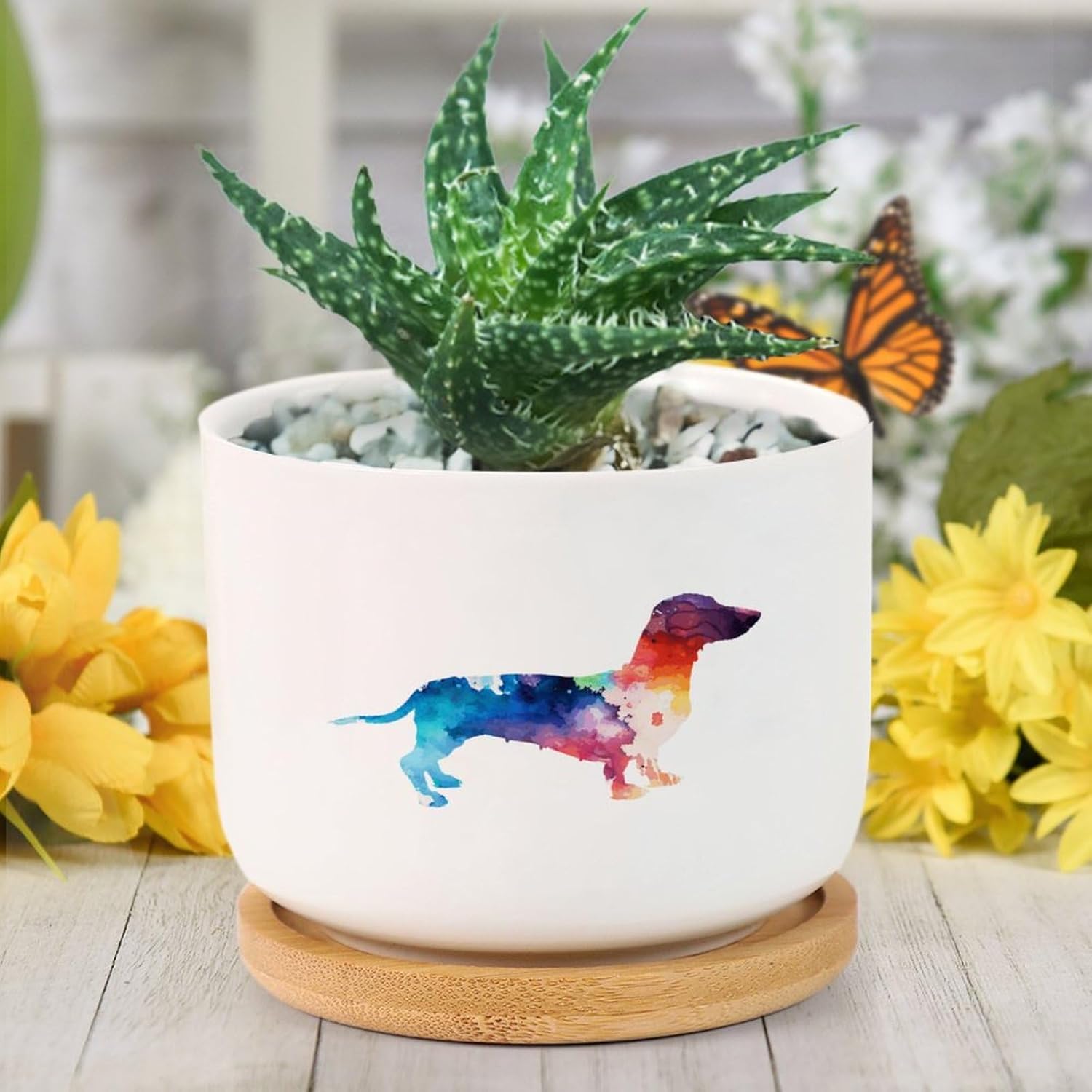 Dachshund Dog Silhouette Colorful Ink Ceramic Planters Dog
