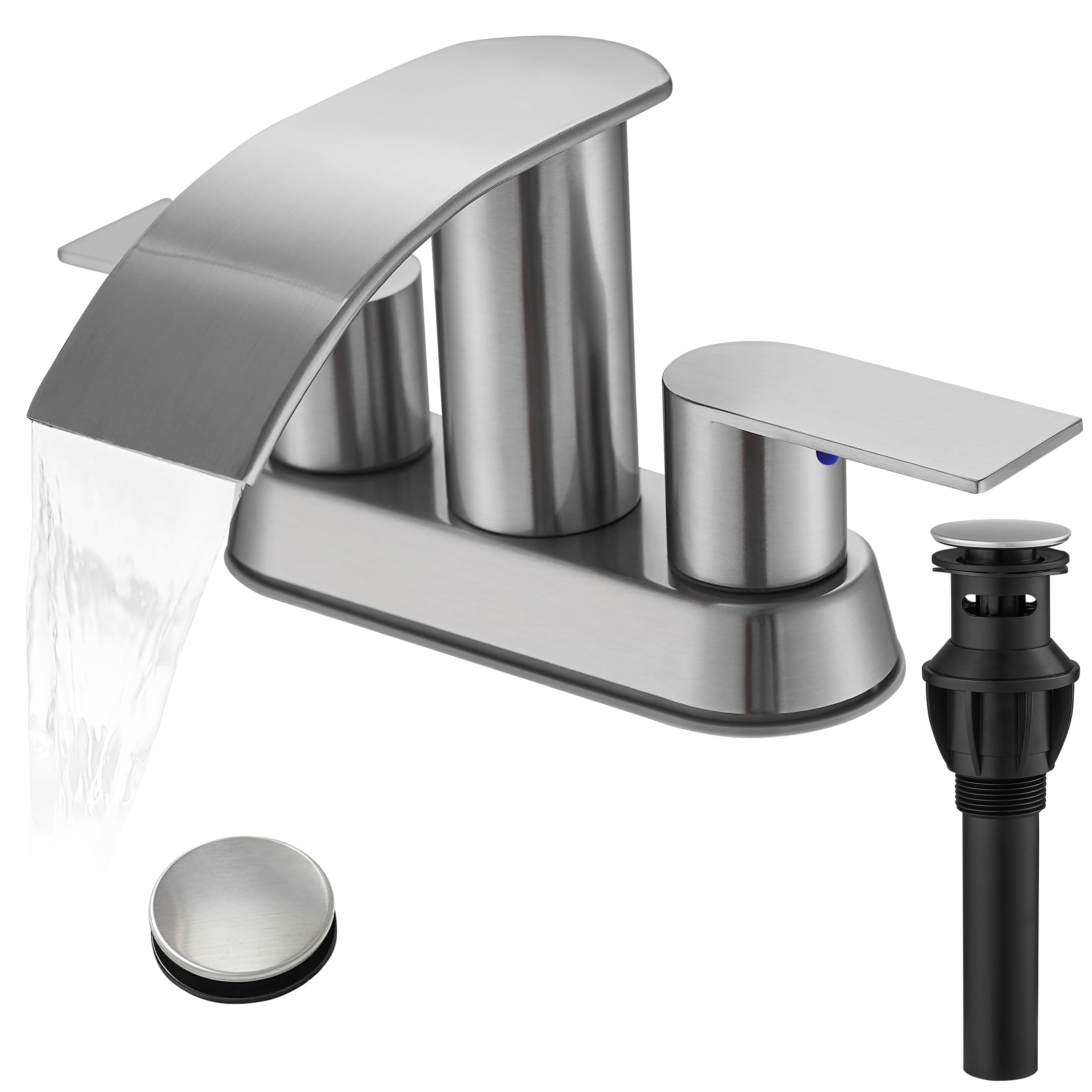 Waterfall Bathroom Sink Faucet 4 Inch Brushed Nickel Faucet Bathroom with Pop Up Drain 2 or 3 Holes Bathroom Basin Lavatory Mixer Tap with Deck Mount Plate