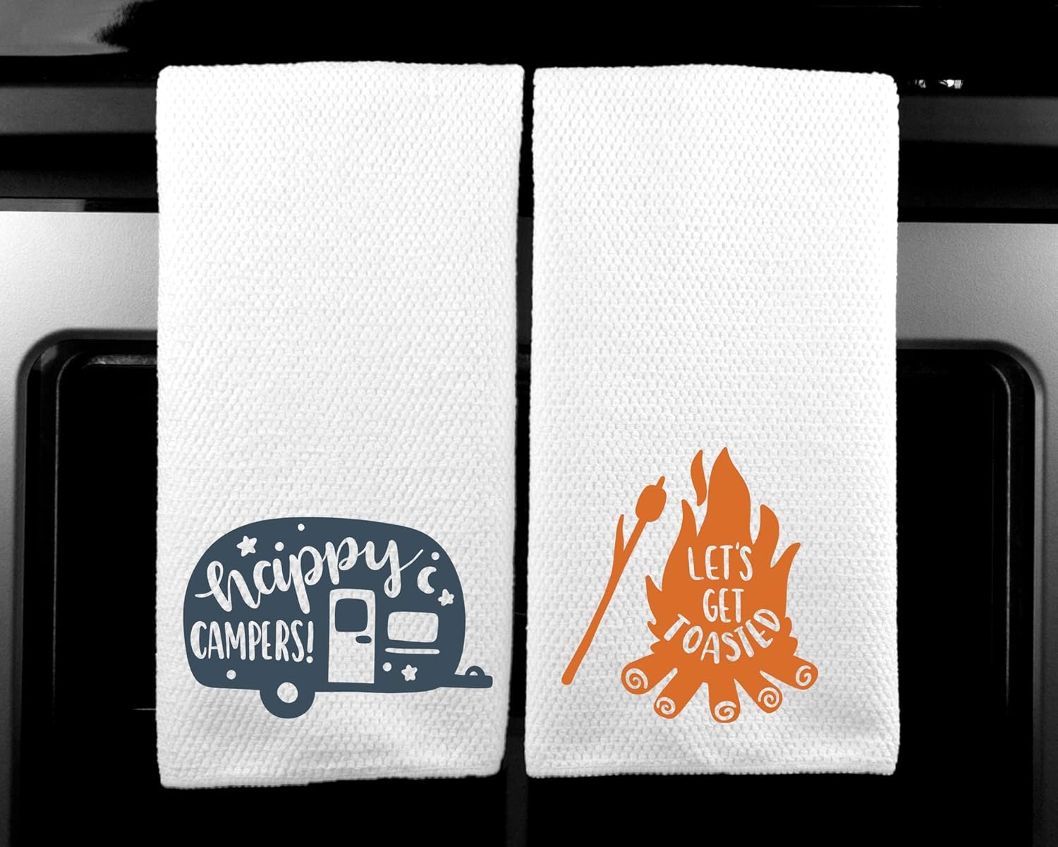 Happy Camper and Let's Get Toasted Funny Microfiber Kitchen Towel Set of TWO