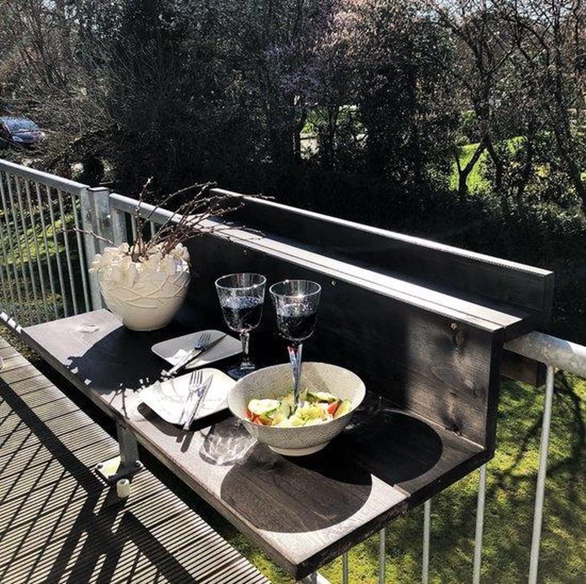 Tavolo da balcone non pieghevole XL - Bar con balcone - Tavolo con balcone - Legno - 99 cm - Black wash - Ringhiera larga