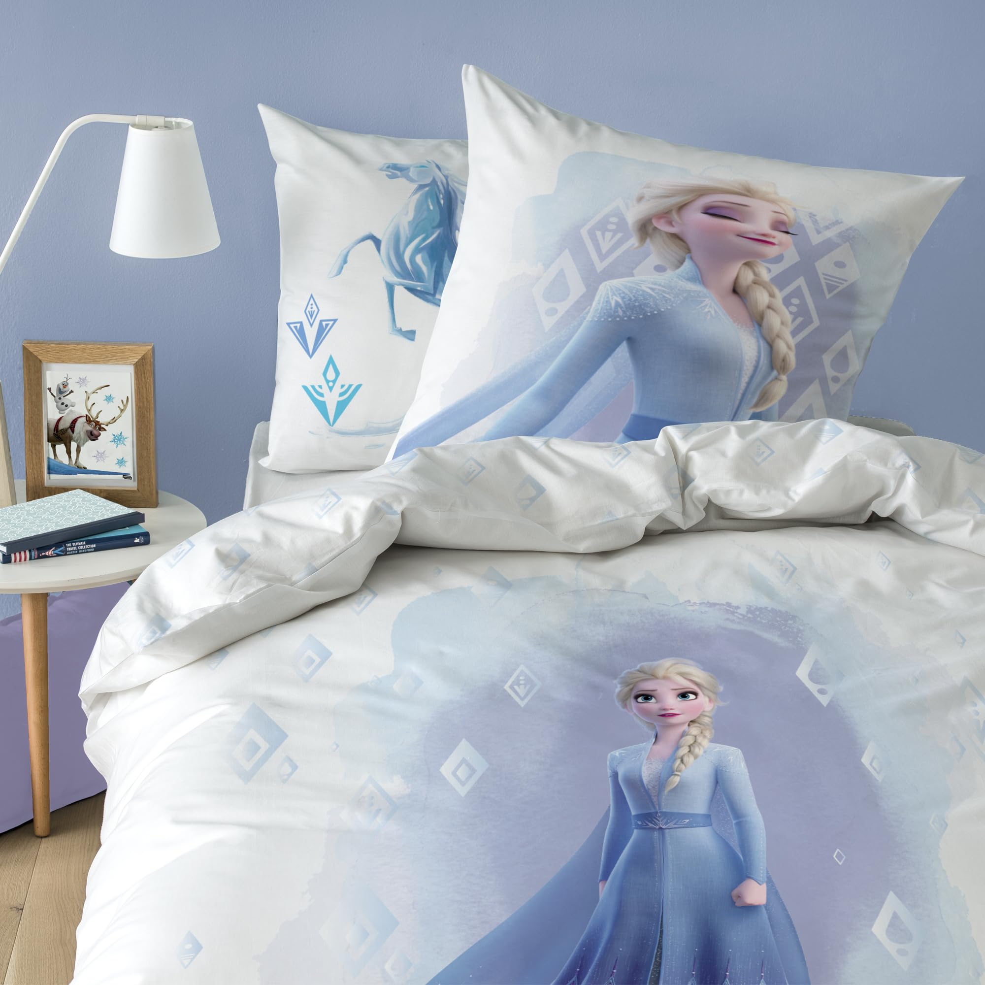 Disney Home Frozen 2 Element Parure de lit Enfant | 100% Coton | Oeko-TEX | Housse de Couette 140x200cm + 1 Taie d'oreiller 63x63cm | Imprimé Fille | Blanc (Blanc, 140x200+63x63cm)