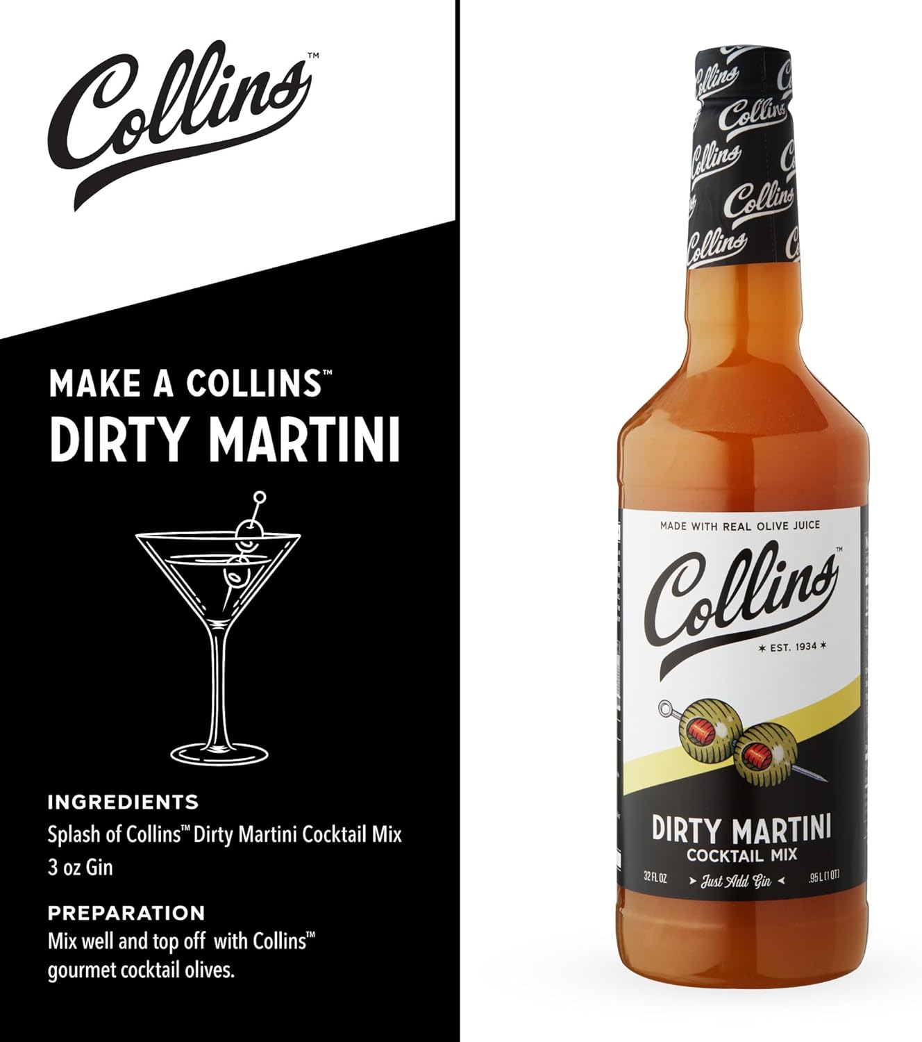 Collins Dirty Martini Kit, Gin Cocktail Mix, Stuffed Gourmet Olives, Drink Picks, Olive Brine Mixer, Home Bar Accessories, Home Bar Kit, Bartender Mixer, Drinking Gifts, Mixology Kit, Set of 3