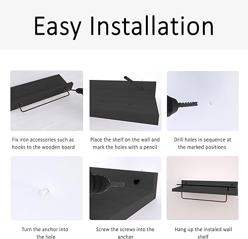 Miniatura 7 de Estantes flotantes de pino con ganchos, estantes flotantes de baño de granja negros sobre el inodoro, juego de 2 estantes de pared de madera con