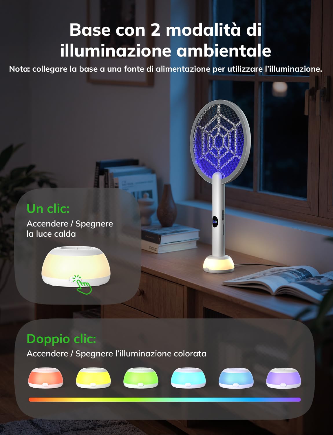 YISSVIC 2 Racchetta Zanzare Elettrica 4000V 1800mAh 2-in-1 Ricaricabile Via USB-C, con Luce UV, Base di Ricarica e Due modalità di Luce Notturna – Bianco