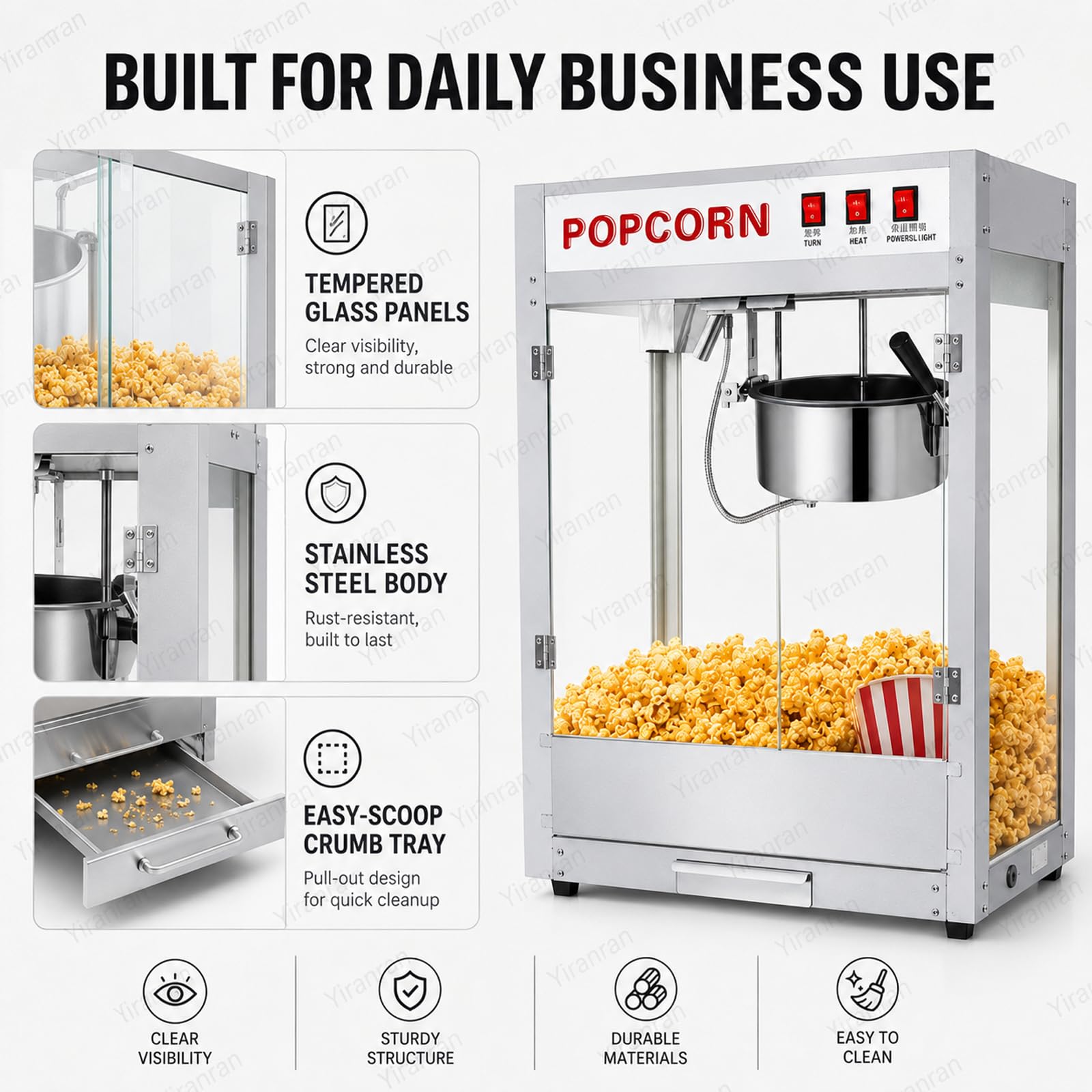 Máquina De Palomitas De Maíz De 8 Oz Para Noches De Cine, Con Agitación Automática, Olla Antiadherente, Calentador Inferior Y Control De 3 Interruptores, Ideal Para Películas, Fiestas