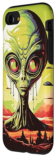 Vista 32 de iPhone 14 Pro Cute Green Alien Head UFO Space Face Alien Case