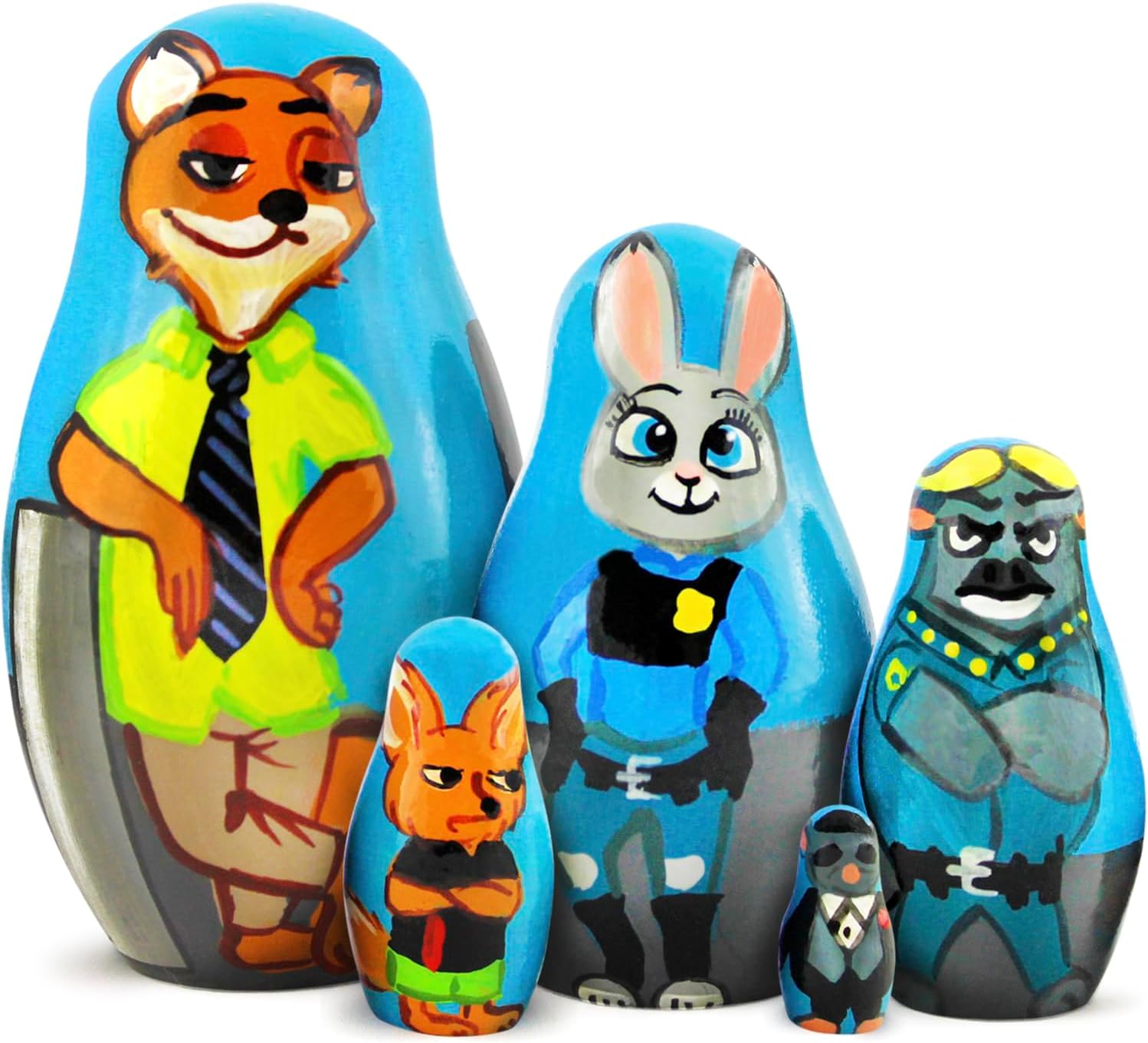 AEVVVZootopia Wooden Stacking Nesting Dolls Set 5 pcs - Russian Matryoshka Dolls Nick and Judy Zootopia Figures - Wooden Zootopia Animals - Zootopia Collectibles