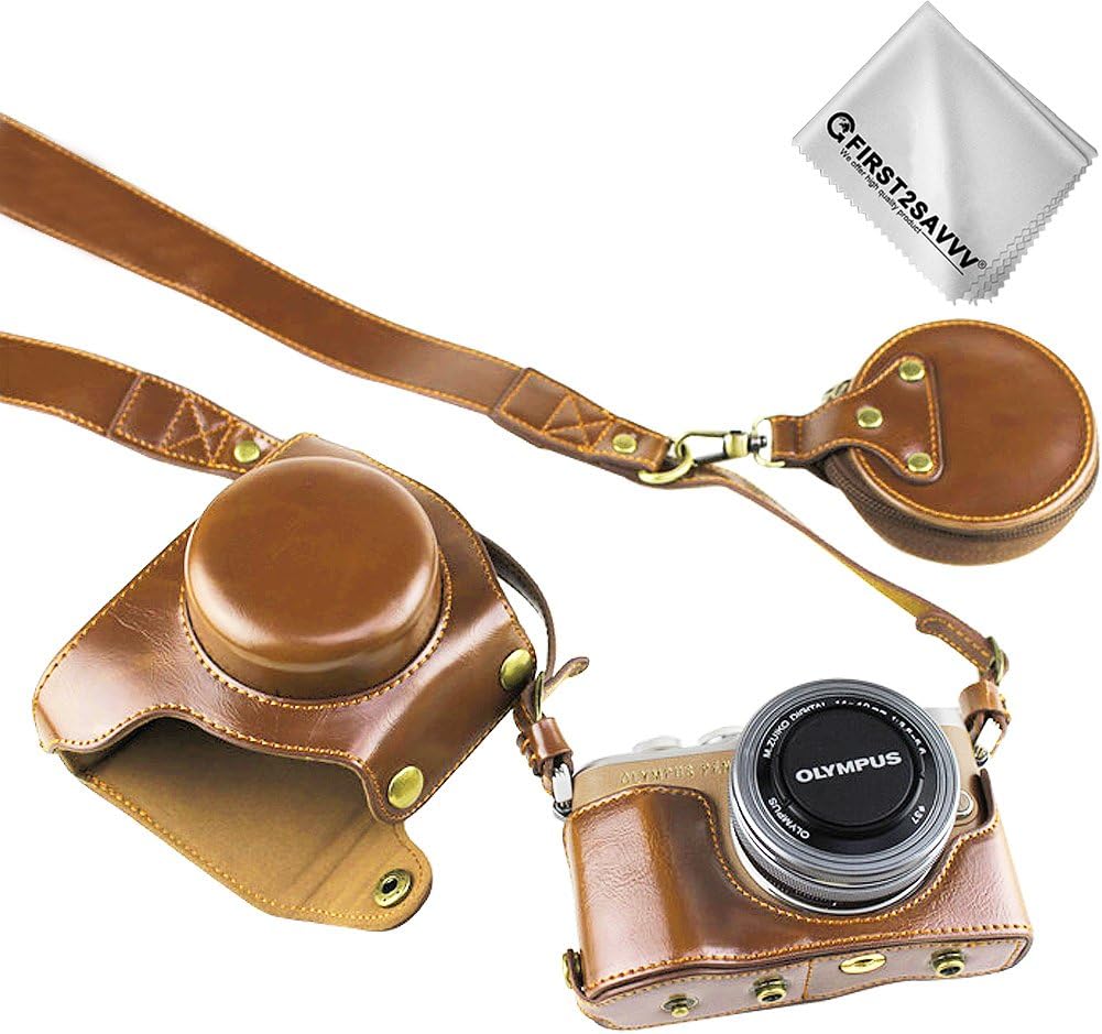 First2savvv Full Body Precise Fit PU Leather Digital Camera case Bag Cover with Should Strap for Olympus Pen E-PL10 E-PL9 with 14-42mm F3.5-5.6 Lens + Cleaning Cloth XJD-EPL9-HH09