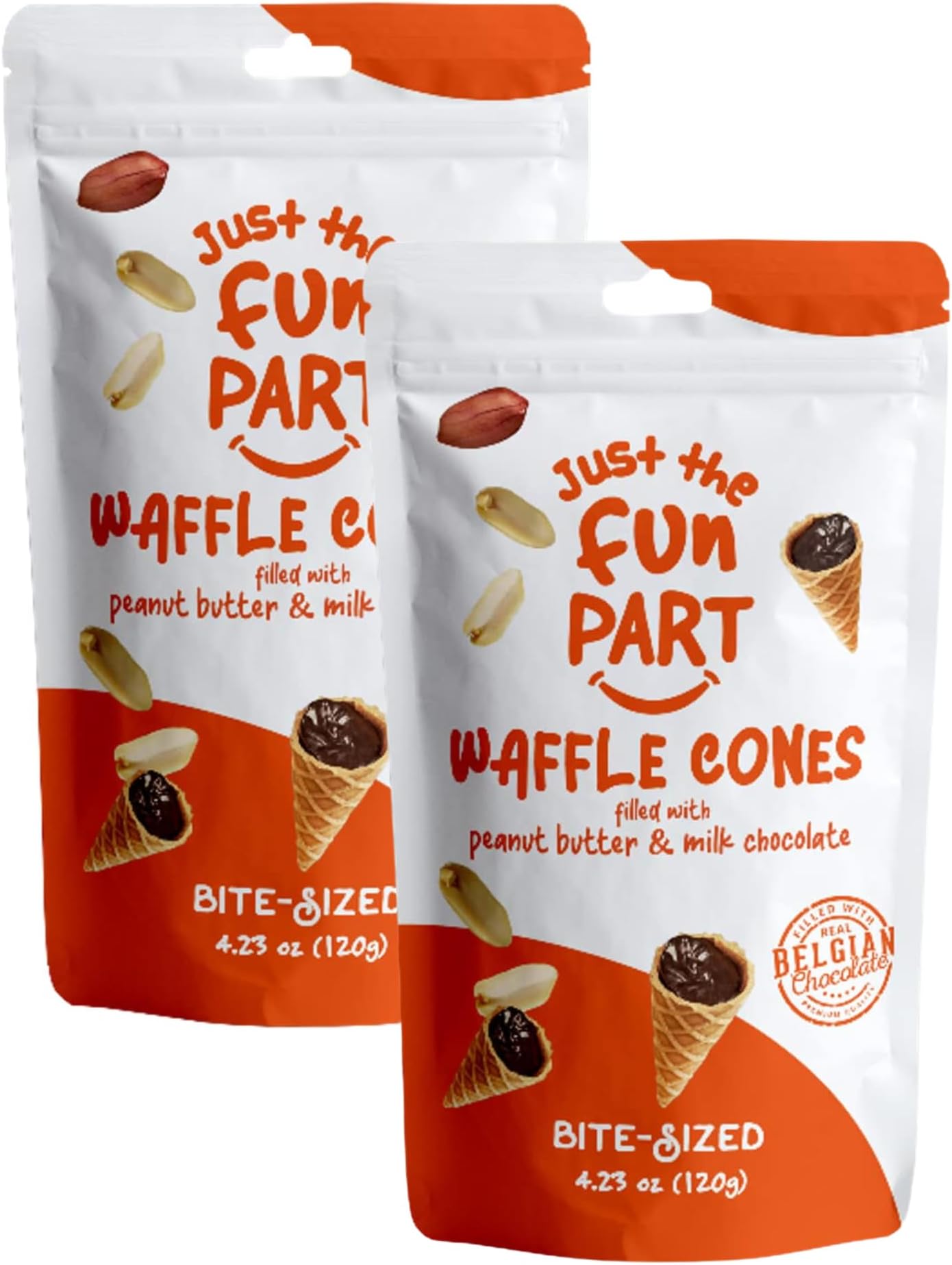 Just The Fun Part | Bite-Size Crispy Mini Waffle Cones | Filled With Premium Belgian Chocolate | Great For Snacks, Desserts, Grab & Go | Kosher | 4.23 Ounce (Pack of 2, Peanut Butter, Milk Chocolate)