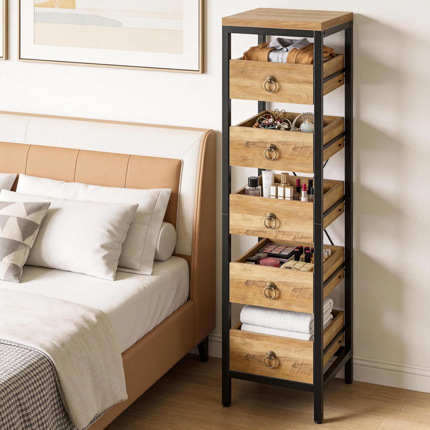 Bibliotheque Meuble de Rangement en bois,Étagère de Rangement Cuisine avec 5 tiroirs,Organisateur de Rangement en Cadre métallique pour cuisine,salon,salle de bain,Bureau(114X40X30cm,Naturel)