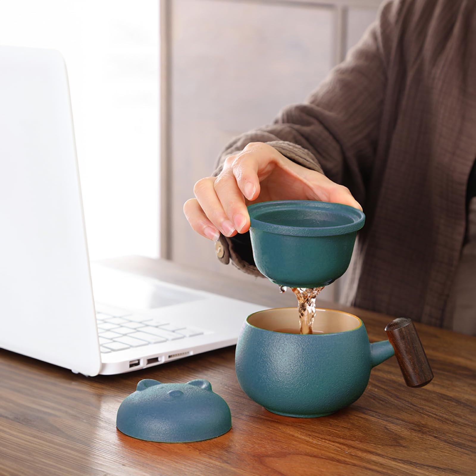 fanquare Tazza per Infusione di Tè Tazza da Tè in Ceramica Verde con Orso Carino con Coperchio Tazza Portatile da Viaggio per la Macerazione del Tè per i Fogli Sciolti
