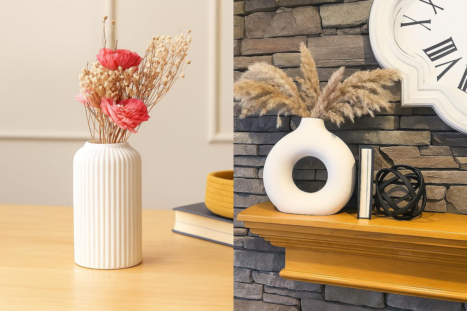 SPHINX White Ceramic Donut Vase, 6 Inch donut and 6 inch ribbed Modern Flower Vase for Pampas Grass, Dried Flowers, Home & Office Decor, Centerpiece, Handcrafted Gift Vase (pack of 2 Only)