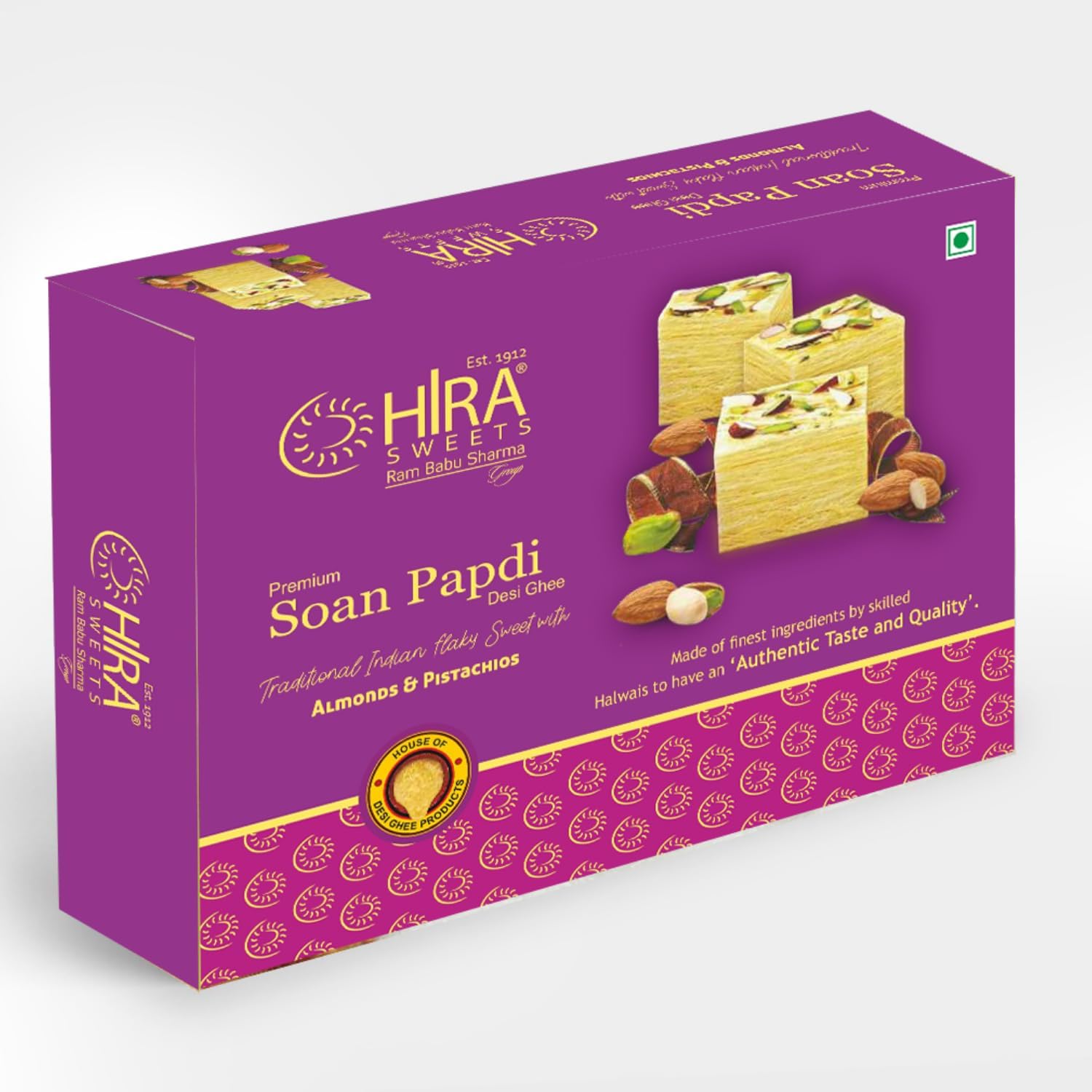 HIRA SWEETS Soan Papdi 500g | Delicious, Crispy & Flaky | Made with Almonds & Pistachio | Ready-to-Eat Indian Traditional Mithai | Ideal Gift Box for Sweets Lovers