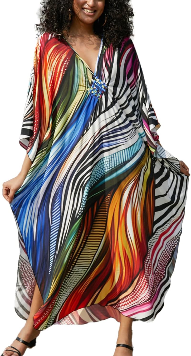 YouKD Maxi Dress V-Neck Kaftan Boho Robes Beach Cover-ups Dress Roomy Gowns for Women