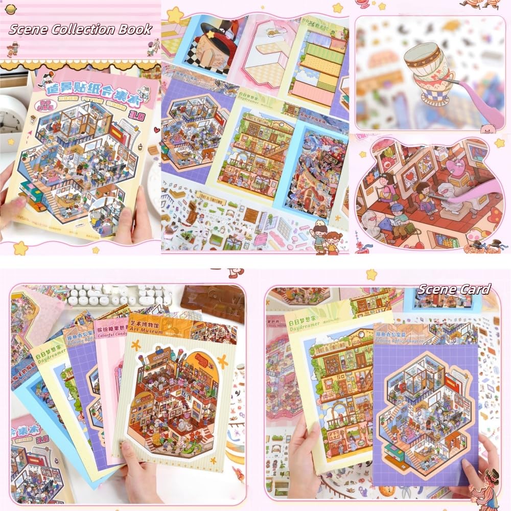 6 Sets Large DIY 3D Stickers Scene,Fun 3D Mini House Stickers Book Set for Adults with Tweezers Make Your Own Fantasy Room Sticker Scene Therapy for Adults Relief Stress Pass The Time Gift - Image 2