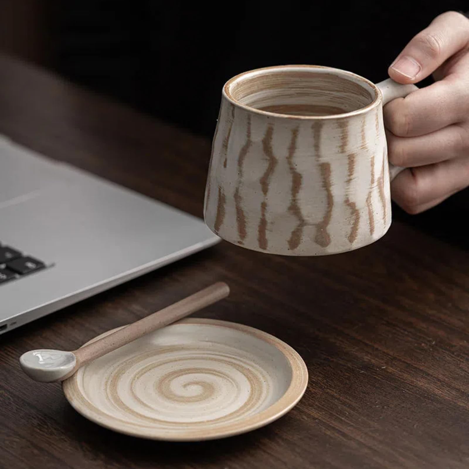 Juego de Taza y platillo de cerámica de 310 ml - Taza de té de cerámica rústica, Estilo Vintage, Textura de gres Hecha a Mano, diseño esmaltado único (Blanco Degradado)