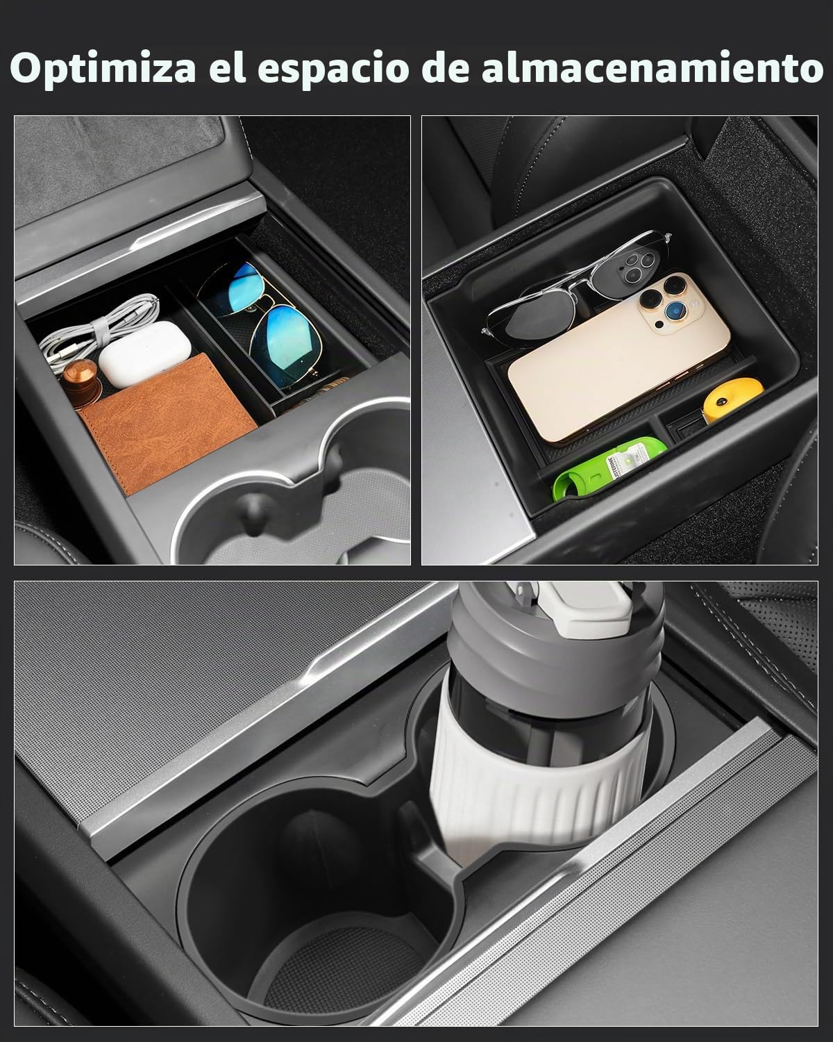 Cajas de Almacenamiento Consola Central para Tesla Model Y Juniper 2025 2026, Organizador de Apoyabrazos para Tesl-a Model 3 Highland 2024-2026, Portavasos, Accesorios Tesla, 3 Piezas Negro