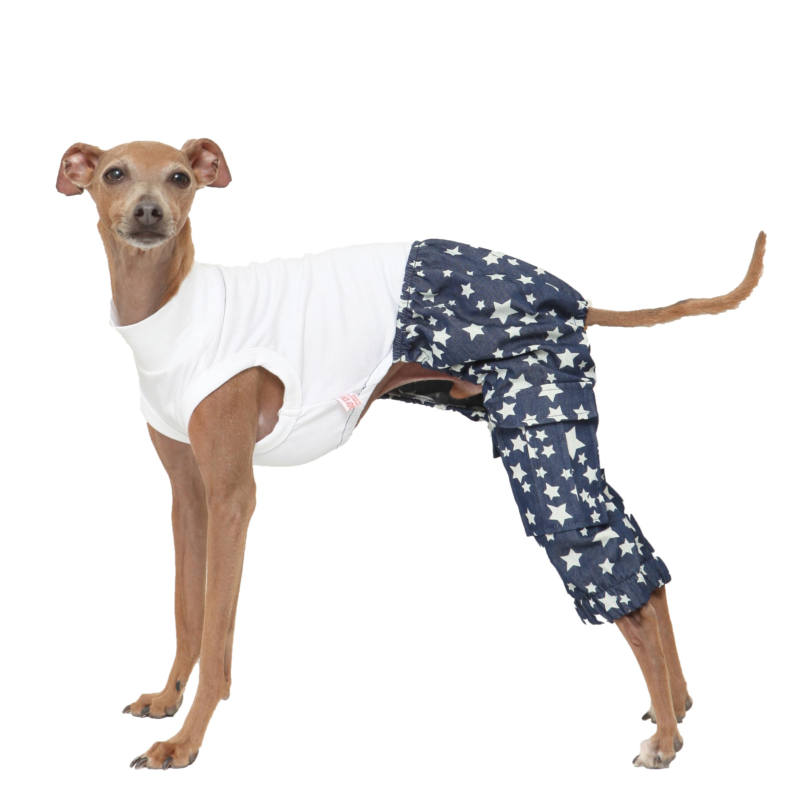 D DOGGY STAR Italian Greyhound Clothes Cargo Pants Onesie Outfit Whippet for Dog Coat (XL,DNM Star Cargo) — image 1