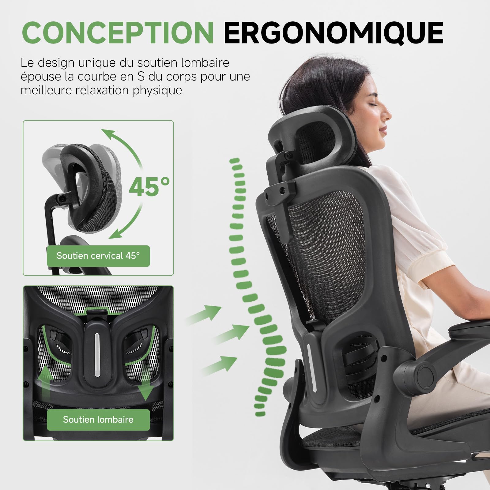 GTPLAYER Chaise de Bureau Ergonomique, Fauteuil avec Appui-tête Réglable, Accoudoirs Rabattables, Soutien Lombaire,Chaise de Gaming Fonction Bascule, Siège Rembourré en Maille Respirante,150 kg (Noir)