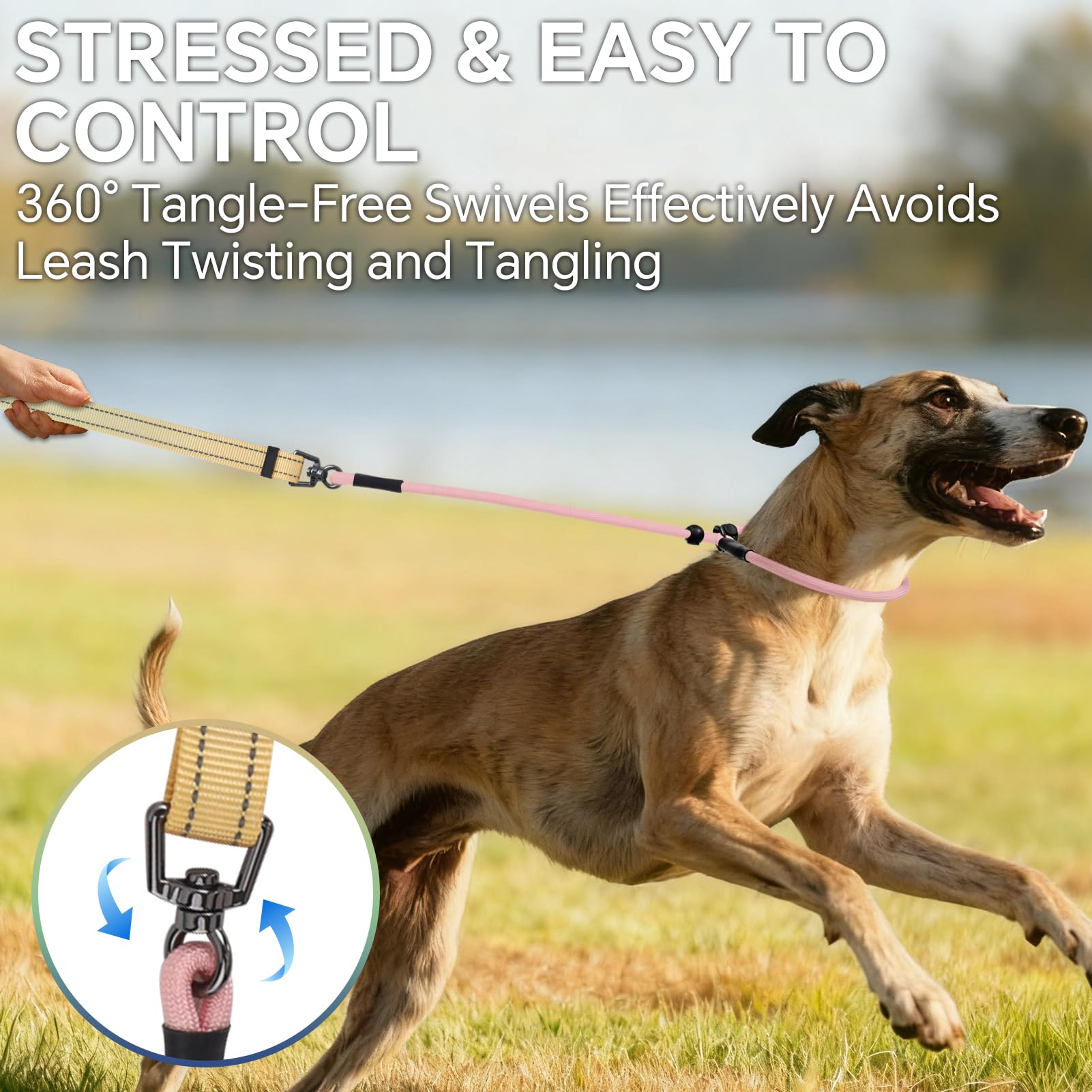 QQPETS Laisse réglable pour chien, mains libres, pour promener le chien, laisse de dressage réfléchissante avec pivot à 360° anti-nœuds, longueur de 1,2 à 2,1 m pour toutes les races