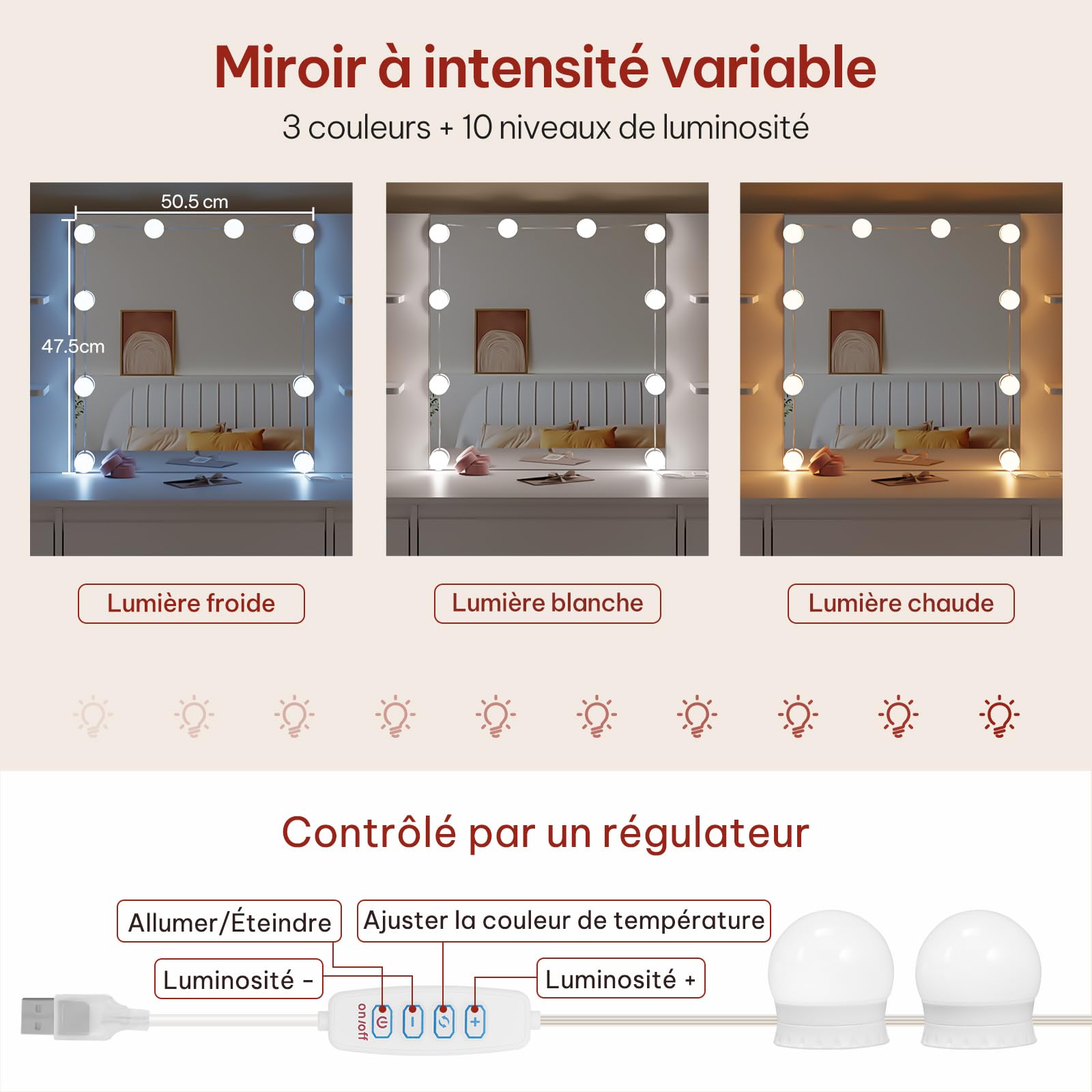 WOLTU Coiffeuse avec Miroir LED, Multiprise, Éclairage Réglable, Grande Coiffeuse avec 5 Tiroirs, Étagères Ouvertes, Armoire, Table de Maquillage en Bois pour Chambre, Blanc, MB6117ws