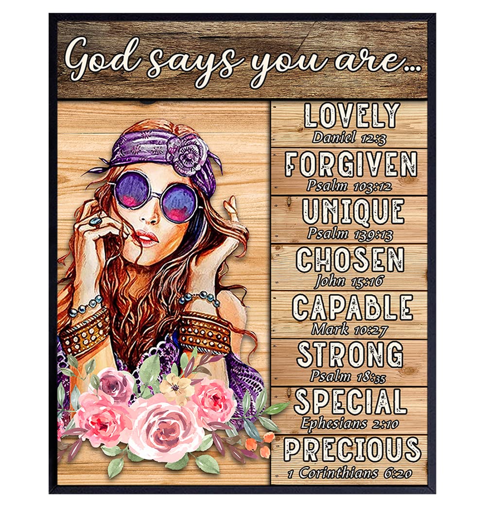 Positive Affirmations Bible Verses Decor - Boho Hippie Wall Art - Religious Christian Scripture Encouragement Gifts for Women, Girls, Teens Bedroom - Inspirational Motivational Poster - Bohemian Print