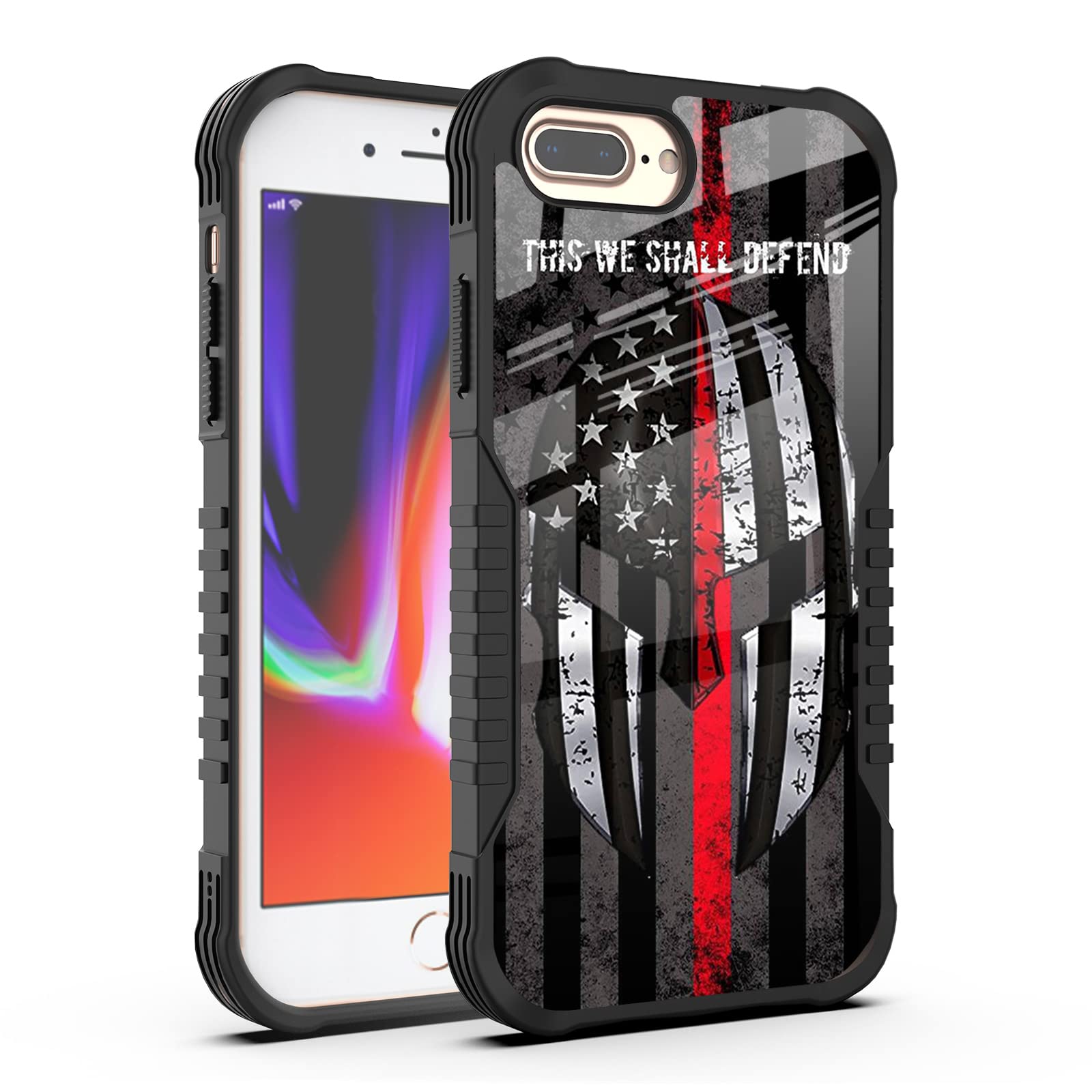 FJyuanqi Compatible with iPhone 8 Plus/7 Plus Case, This we Shall Defend Flag Helmet PC Backplane Protection+Soft Silicone TPU Shock Fall Prevention Protective Case
