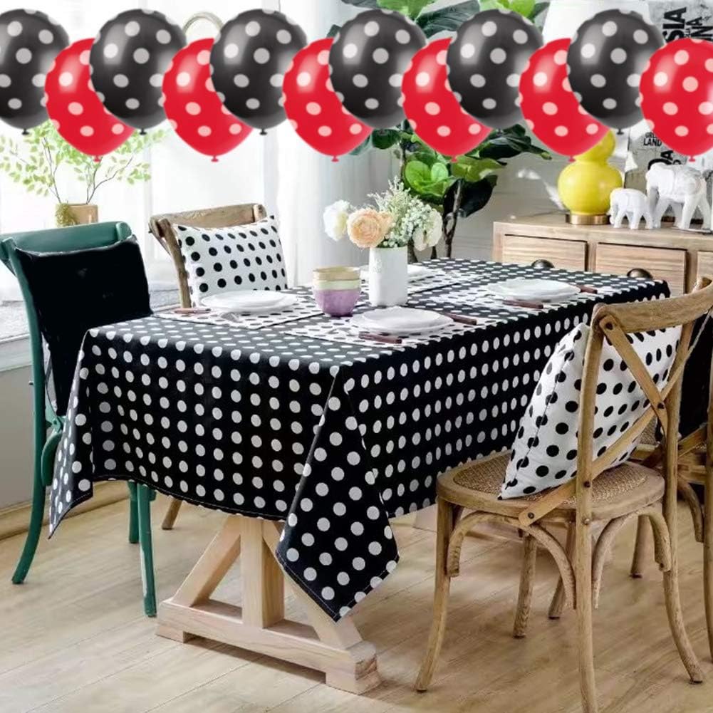 TONIFUL Polka Dot Party Decorations Kit with 2 Pack Red & Black Polka Dot Plastic Tablecloth and 12 Pcs Red &Black Polka Dot Balloons