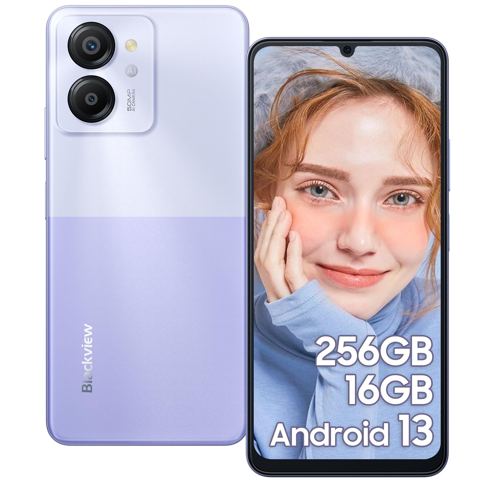 Blackview Color8 Smartphone, 16GB RAM+256GB ROM/1TB-TF Octa-Core, 6.75'' HD+/90Hz, 50MP+8MP, 6000mAh, Android 13, 4G Dual SIM Telefono Cellulare, Face ID/Fingerprint/OTG/3 Slot/3.5mm Jack, Viola