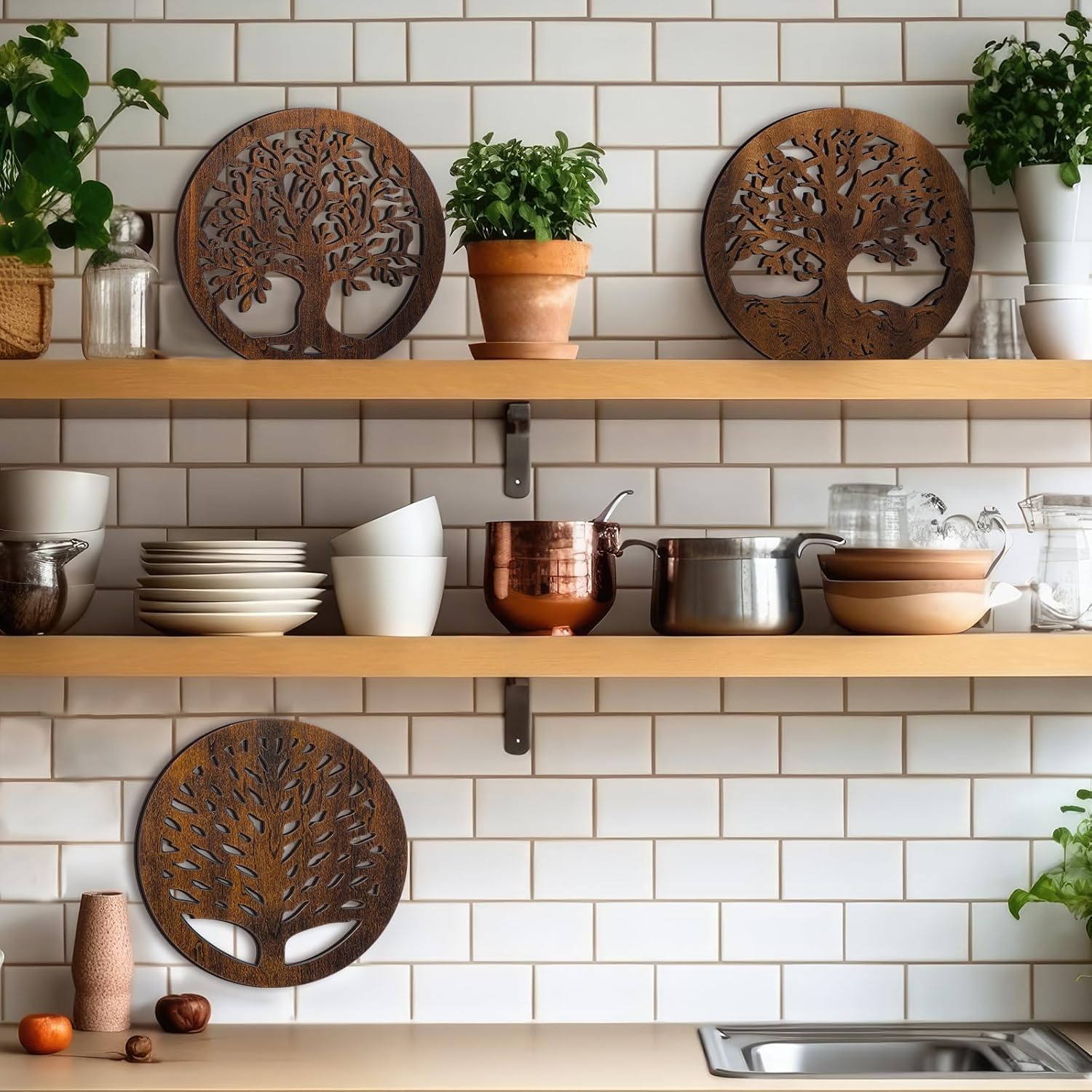 Beeveer 3 Pcs Life Tree Wooden Trivets for Hot Dishes