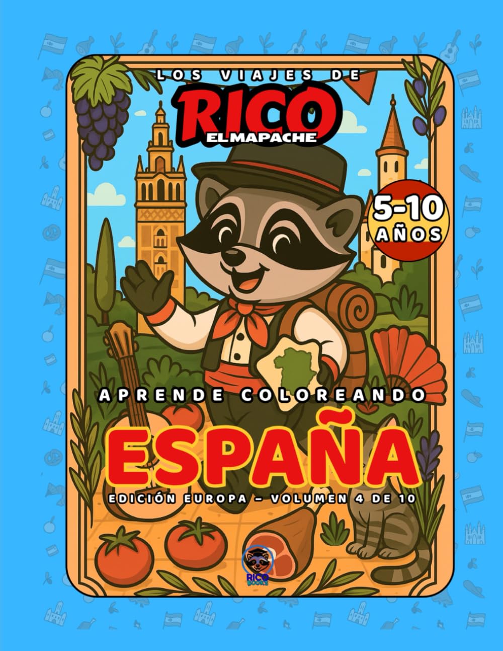 España – Libro de colorear educativo para niños (5–10 años) | Los Viajes de Rico el Mapache – Volumen 4