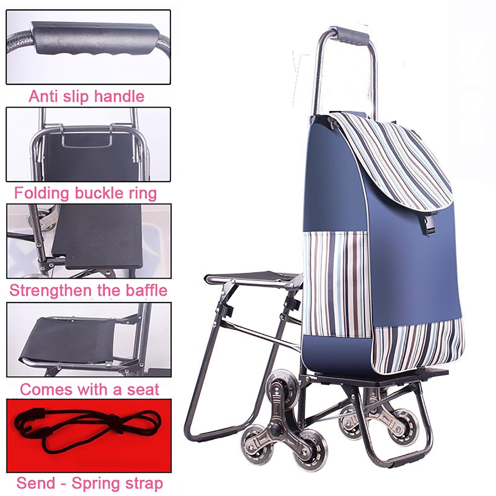 Carrello della spesa resistente con sedile, carrello della spesa a 6 ruote, design pieghevole portatile, funzione di salire le scale per shopping, bagagli e viaggi.