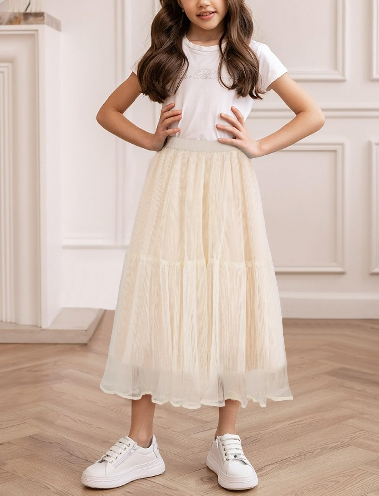 Jupe Mi Longue Fille en Tulle Jupe Princesse Enfant Fille Jupe Tutu Mousseline de Soie Taille Elastique Mariage Fête Anniversaire