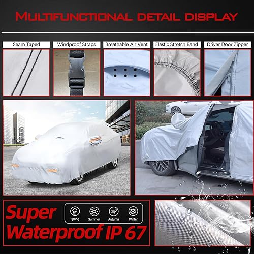 Miniatura 10 de OWEEIO Funda gruesa impermeable para automóvil para todo tipo de clima, cubierta exterior completa, cubierta universal para automóvil para