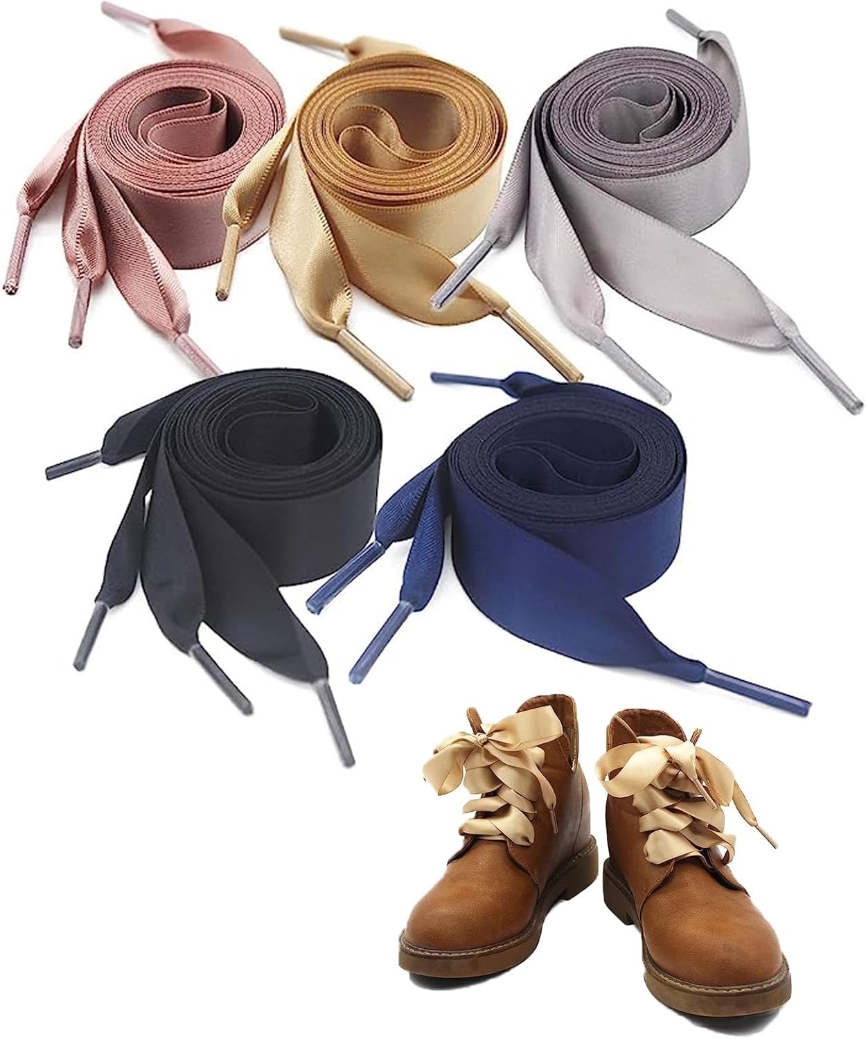 Gunwon 5 Pairs Flat Satin Ribbon Shoelaces,Universal Sports Soft Silk