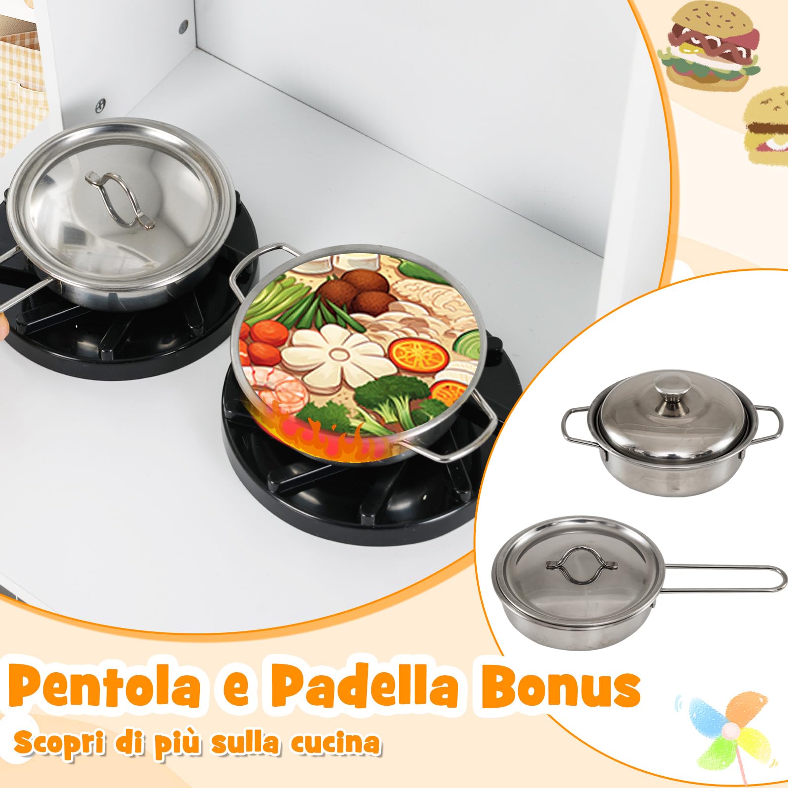 RELAX4LIFE Cucina Giocattolo in Legno per Bambini, Effetti Simulati di Luce e Suono, Cucina Giocattolo Interattiva con 2 Cassetti in Tessuto, Forno Lavello Microonde e Utensili (Bianco)