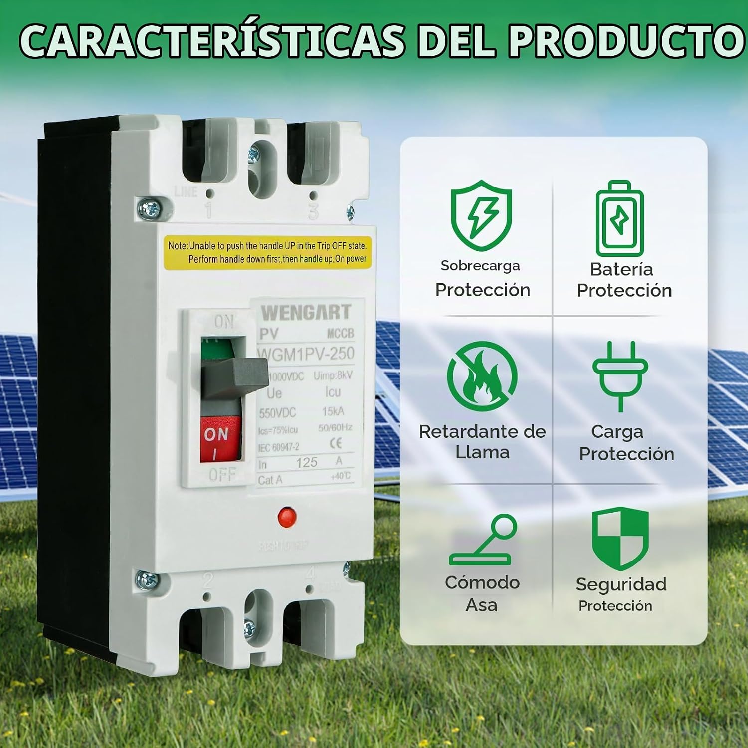 Image showing the Wengart MCCB with icons for Overload Protection, Battery Protection, Flame Retardant, Load Protection, Comfortable Handle, and Safety Protection.