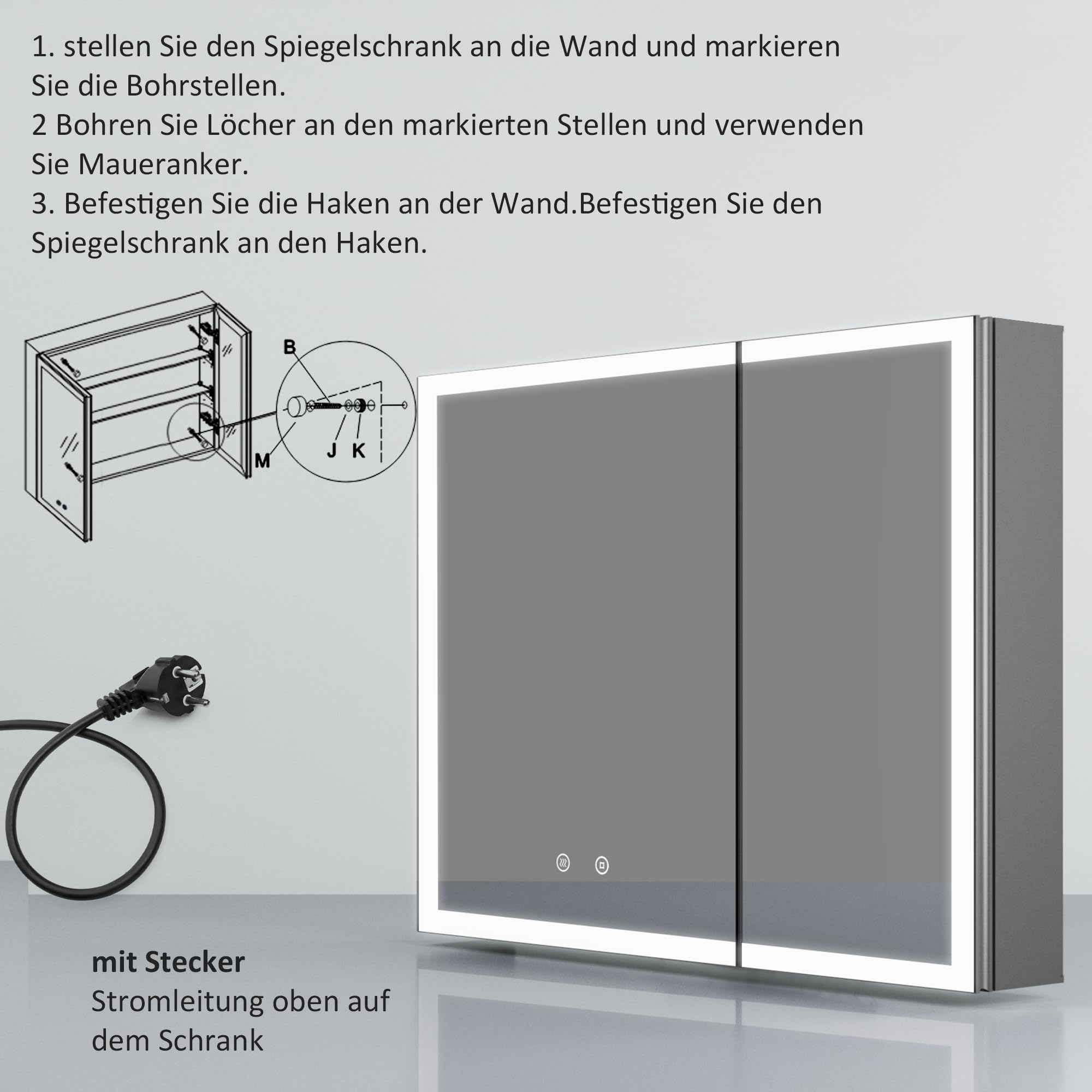 LED Spiegelschrank mit Beleuchtung 60x80x13,5cm Badezimmerschrank, Bad Metall Badschrank Medizinschrank Spiegel Kabinett mit 3-Farben Dimmbar, Beschlagfrei, 2 Glasablage