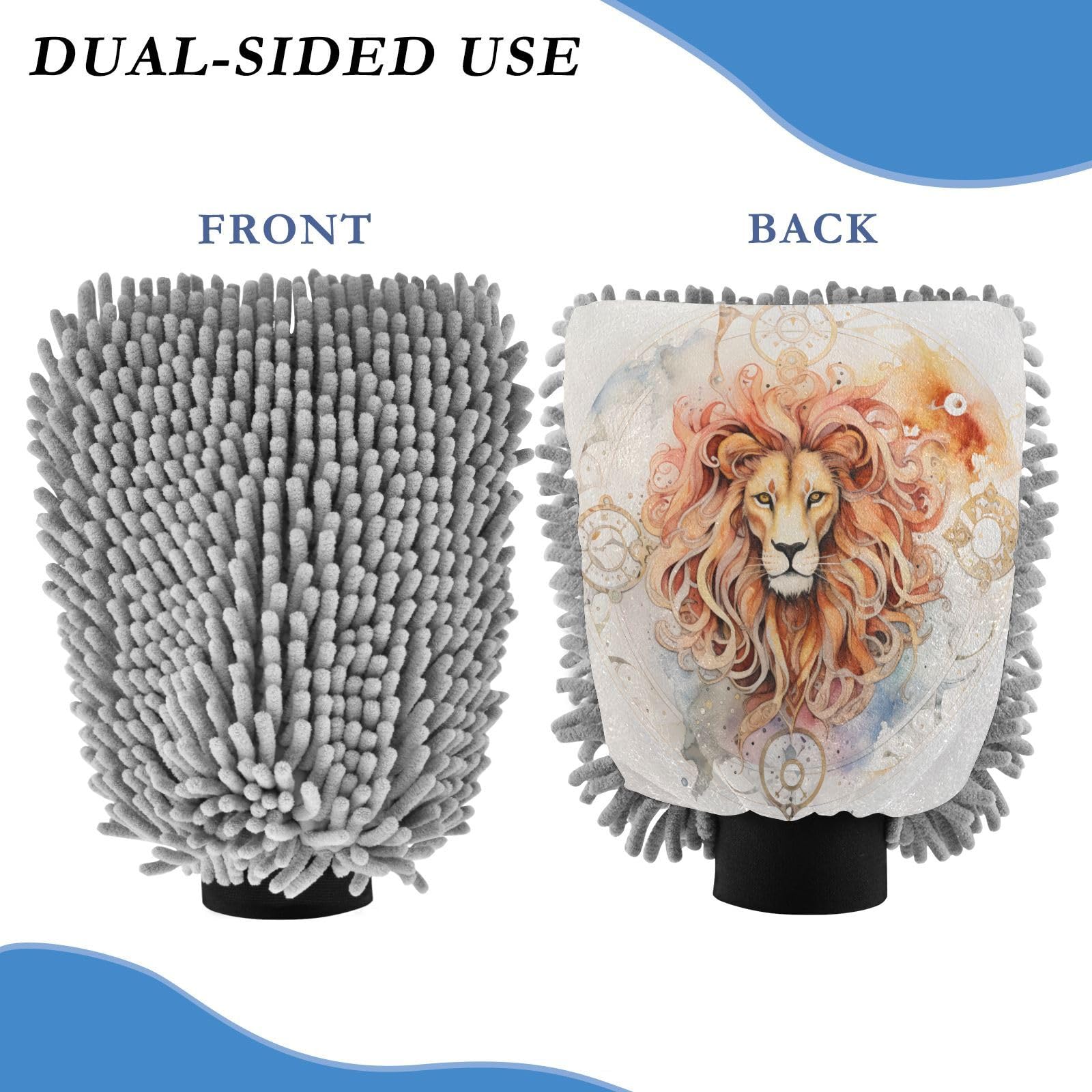 ALAZA King of Lion Car Wash Mitt Scratch Free, 2 Pack Absorbent Microfiber/Chenille Washing & Drying Mitts, L