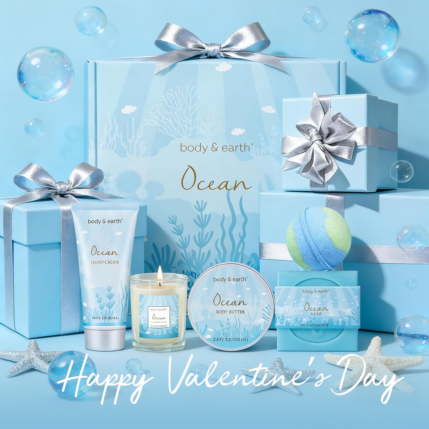 Gifts for Women, Bath and Body Womens Gift Sets with 5 Pcs Ocean Scented Spa Gifts for Women Bath Gift with Scented Candle Body Butter Hand Cream Bath Bomb Valentine‘s Day Gifts - Image 2