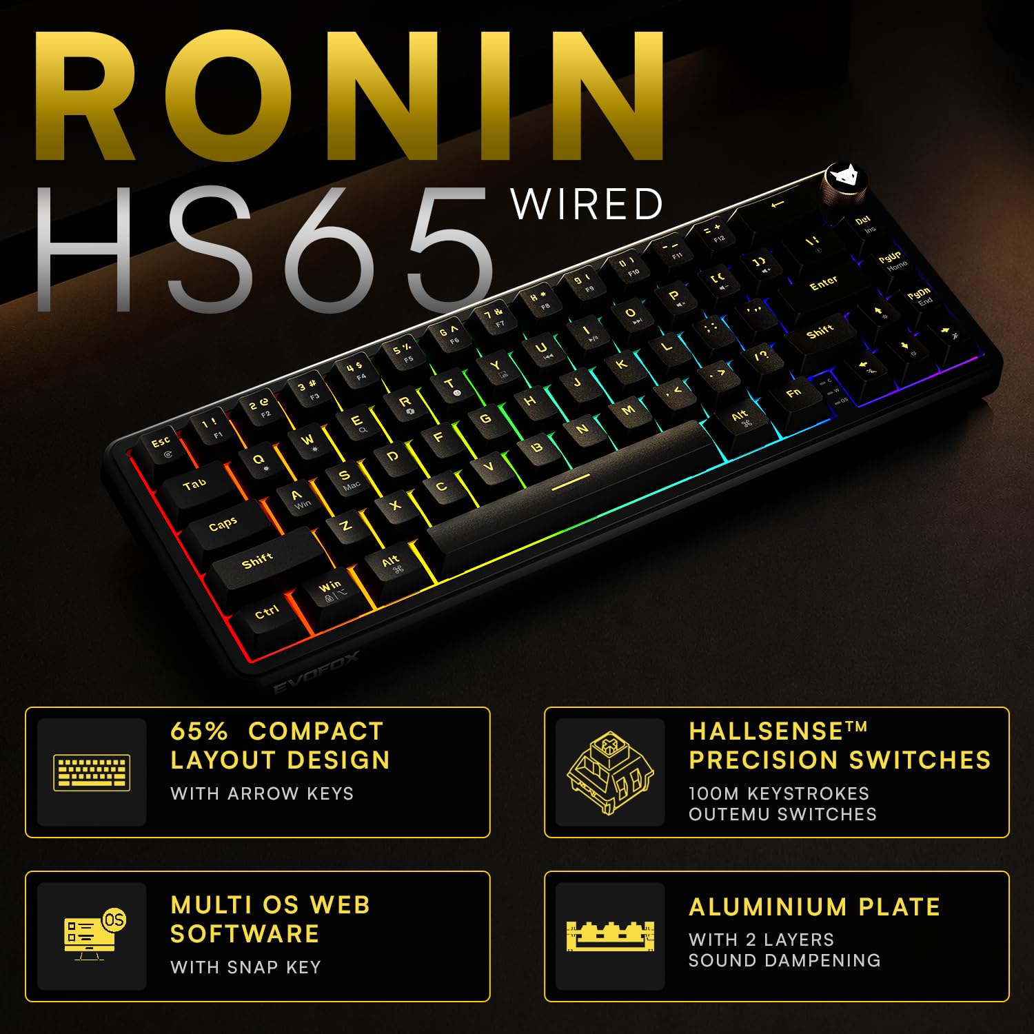 EvoFox Ronin HS65 Hall Effect Wired Mechanical Gaming Keyboard, 2 Layer Sound Dampening, 8000Hz Polling, Hall Effect Magnetic Switch, Actuation Point Adjustable, Web Software, Black — Amazon image 2