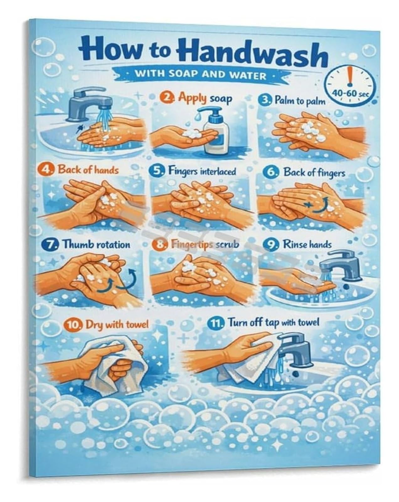 NWPNLXEA Hand Hygiene Guide Illness Prevention Steps Canvas Art for Restaurant or Healthcare Facility Framed,16x24inch(40x60cm)